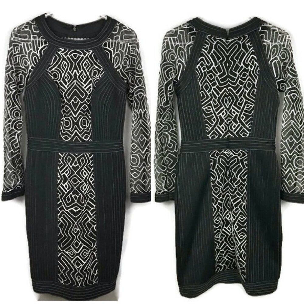 Tadashi Shoji Nima dress Black White Embroidered Lace Long Sleeve Sheath Sheer M - Picture 3 of 5